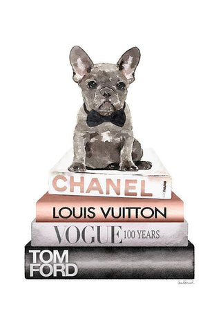 Rose Gold Frenchie Bookstack White Modern Wood Framed Art Print with Double Matting by Amanda Greenwood