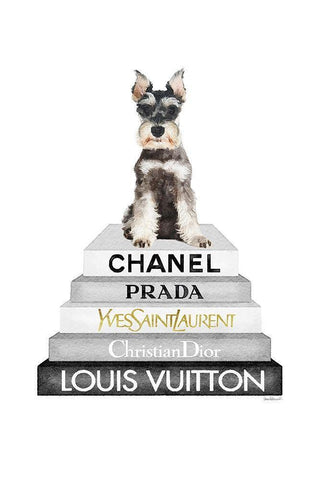 Schnauzer Bookstack White Modern Wood Framed Art Print with Double Matting by Amanda Greenwood