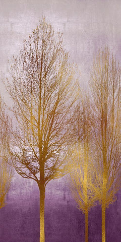 Gold Trees on Purple Panel I White Modern Wood Framed Art Print with Double Matting by Bennett, Kate