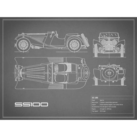 Jaguar SS-100-Grey Black Modern Wood Framed Art Print by Rogan, Mark