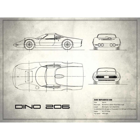 Ferrari Dino206 1965 White White Modern Wood Framed Art Print by Rogan, Mark