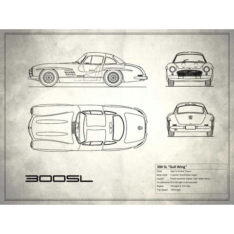 Mercedes 300SL Gullwing White Black Modern Wood Framed Art Print with Double Matting by Rogan, Mark