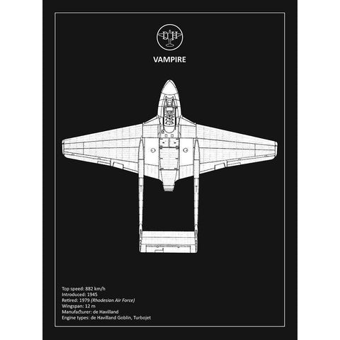 BP de-Havilland Vampire Black  Black Modern Wood Framed Art Print by Rogan, Mark