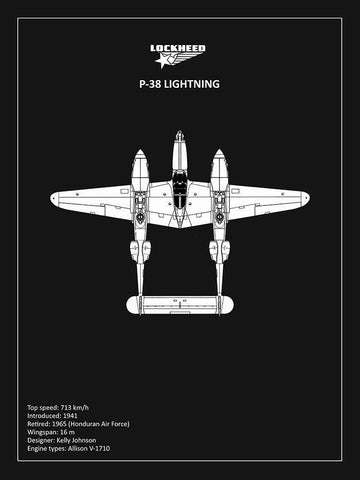 BP Lockheed P38 Lightning Black  Black Ornate Wood Framed Art Print with Double Matting by Rogan, Mark