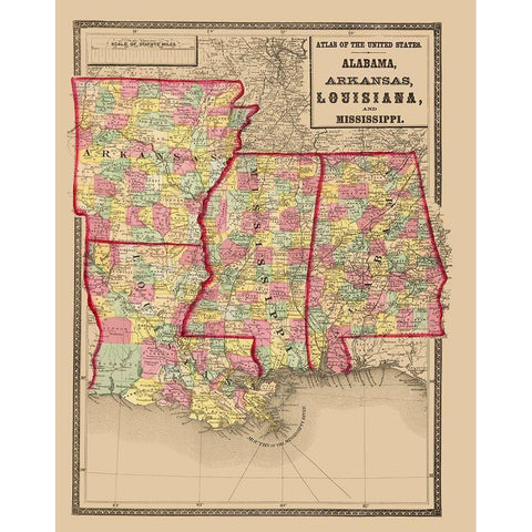 Alabama, Arkansas, Louisiana, Mississippi 1873 Gold Ornate Wood Framed Art Print with Double Matting by Stedman