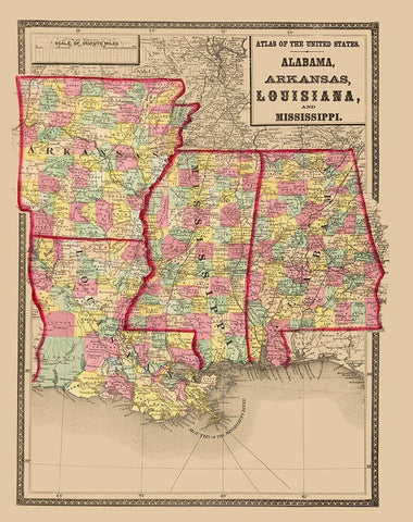 Alabama, Arkansas, Louisiana, Mississippi 1873 Black Ornate Wood Framed Art Print with Double Matting by Stedman