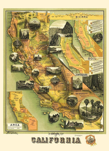 California Illustrated Map - Jones 1898 Black Ornate Wood Framed Art Print with Double Matting by Jones