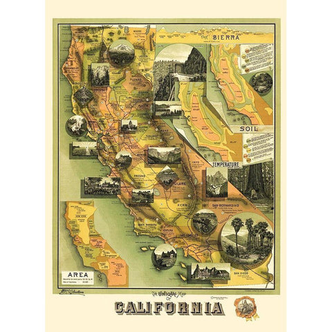 California Illustrated Map - Jones 1898 Gold Ornate Wood Framed Art Print with Double Matting by Jones