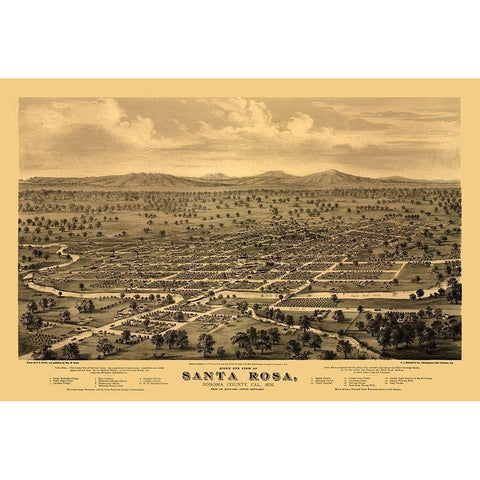 Santa Rosa California - Glover 1876 Gold Ornate Wood Framed Art Print with Double Matting by Glover