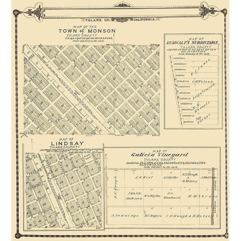 Lindsay, Monson California - Thomas 1892 Gold Ornate Wood Framed Art Print with Double Matting by Thomas