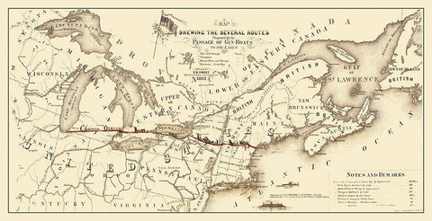 Gunboat Routes United States Canada - Sweet 1862 Black Ornate Wood Framed Art Print with Double Matting by Sweet