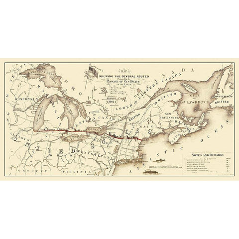 Gunboat Routes United States Canada - Sweet 1862 Gold Ornate Wood Framed Art Print with Double Matting by Sweet