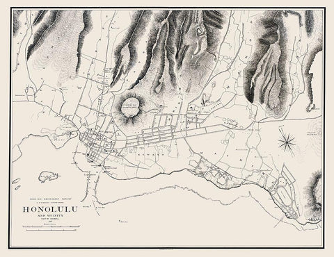 Honolulu Hawaii - Wall 1887 Black Ornate Wood Framed Art Print with Double Matting by Wall