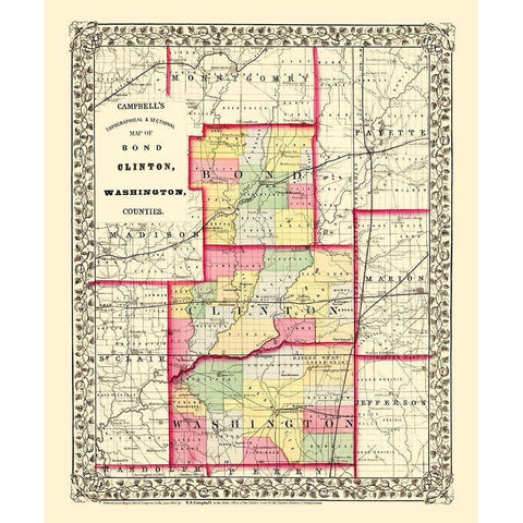 Bond Clinton Washington Illinois - Cambell 1870 Gold Ornate Wood Framed Art Print with Double Matting by Cambell