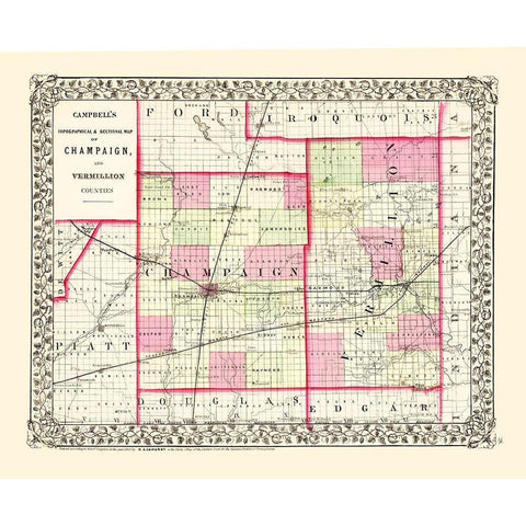Champaign Vermillion Illinois - Campbell 1850 Gold Ornate Wood Framed Art Print with Double Matting by Campbell