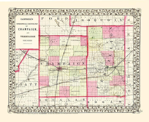 Champaign Vermillion Illinois - Campbell 1850 White Modern Wood Framed Art Print with Double Matting by Campbell