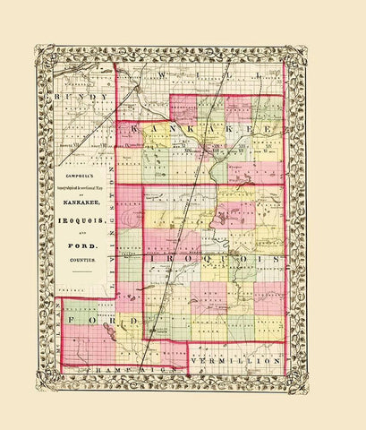 Kankee Iroquois Ford Illinois - Cambell 1870 Black Ornate Wood Framed Art Print with Double Matting by Cambell