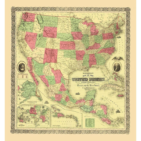United States, Territories, Mexico, Caribbean 1872 White Modern Wood Framed Art Print by Bridgman