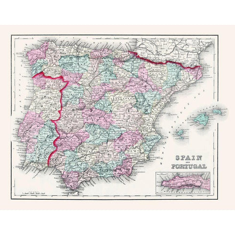 Spain Portugal - Gray 1878 Gold Ornate Wood Framed Art Print with Double Matting by Gray