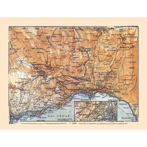 Lake Geneva Switzerland - Baedeker 1921 Black Modern Wood Framed Art Print by Baedeker