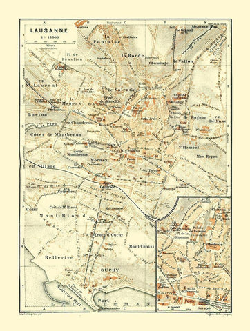 Lausanne Switzerland - Baedeker 1921 White Modern Wood Framed Art Print with Double Matting by Baedeker