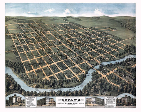 Ottawa Kansas - Glover 1872 Black Ornate Wood Framed Art Print with Double Matting by Glover