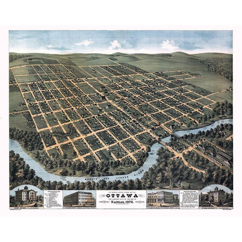 Ottawa Kansas - Glover 1872 Black Modern Wood Framed Art Print with Double Matting by Glover