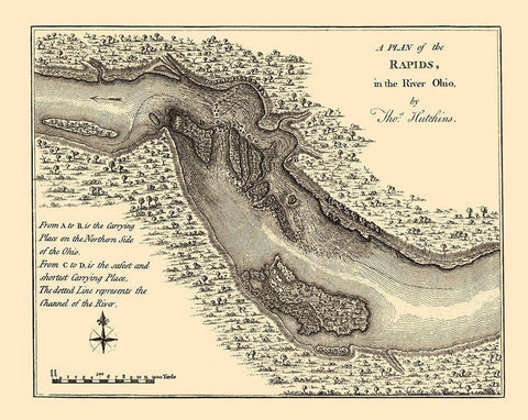 Ohio River Rapids Plan - Hutchins 1778 Black Ornate Wood Framed Art Print with Double Matting by Hutchins