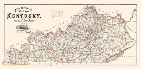Kentucky Road Map - Mendenhall 1900 Black Ornate Wood Framed Art Print with Double Matting by Mendenhall
