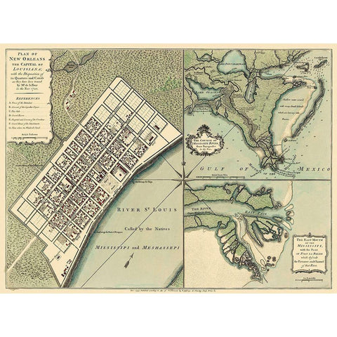 New Orleans Louisiana Plan - Jefferys 1759 Gold Ornate Wood Framed Art Print with Double Matting by Jefferys