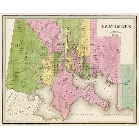 Baltimore Maryland - Bradford 1838 Black Modern Wood Framed Art Print with Double Matting by Bradford