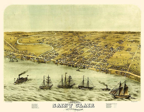Saint Clair Michigan - Glover 1868 Black Ornate Wood Framed Art Print with Double Matting by Glover