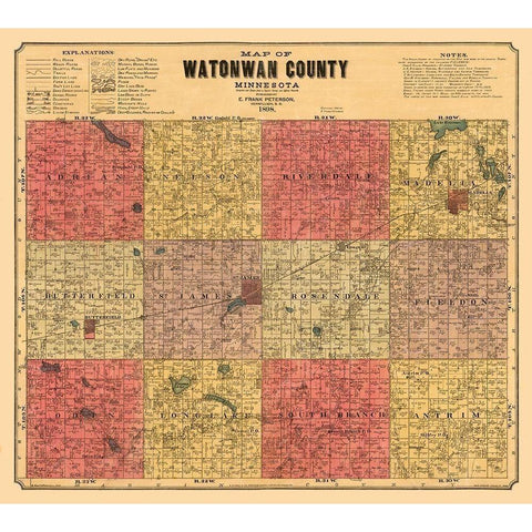 Watonwan County Minnesota - Peterson 1898 Black Modern Wood Framed Art Print with Double Matting by Peterson