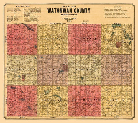 Watonwan County Minnesota - Peterson 1898 White Modern Wood Framed Art Print with Double Matting by Peterson