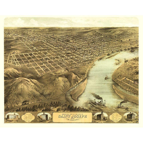 Saint Joseph Missouri - Ruger 1868 Gold Ornate Wood Framed Art Print with Double Matting by Ruger