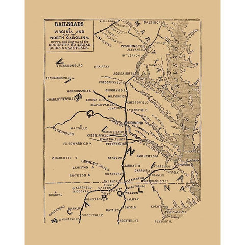 Virginia North Carolina Railroads - Doggett 1848 Gold Ornate Wood Framed Art Print with Double Matting by Doggett