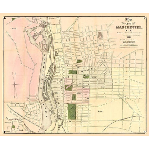 Manchester New Hampshire - Davenport 1873 Black Modern Wood Framed Art Print by Davenport