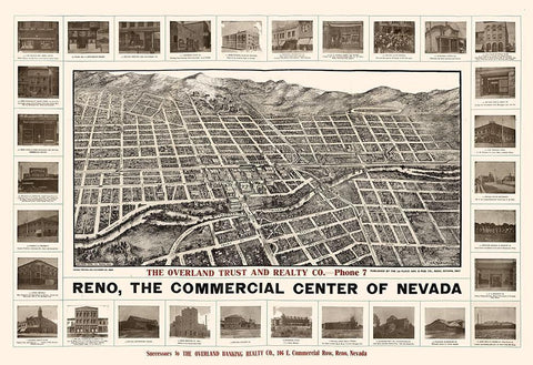 Reno Nevada - Brown 1907 Black Ornate Wood Framed Art Print with Double Matting by Brown