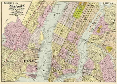 Brooklyn, Jersey City New York - Watson 1891 Black Ornate Wood Framed Art Print with Double Matting by Watson