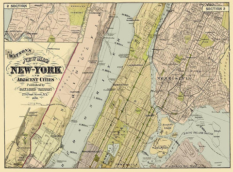 New York, Adjacent Cities New York - Watson 1891 Black Ornate Wood Framed Art Print with Double Matting by Watson