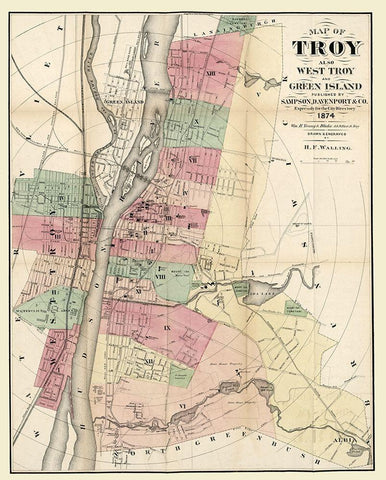 Troy New York - Walling 1874 Black Ornate Wood Framed Art Print with Double Matting by Walling