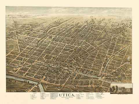 Utica New York - Brosius 1873 Black Ornate Wood Framed Art Print with Double Matting by Brosius