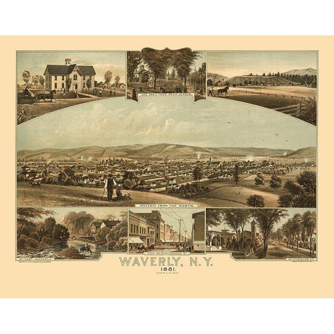 Waverly New York - Moray 1881 Gold Ornate Wood Framed Art Print with Double Matting by Moray
