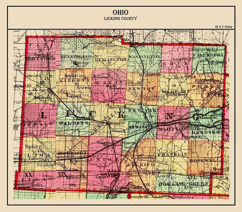 Licking Ohio - Walling 1872 Black Ornate Wood Framed Art Print with Double Matting by Walling