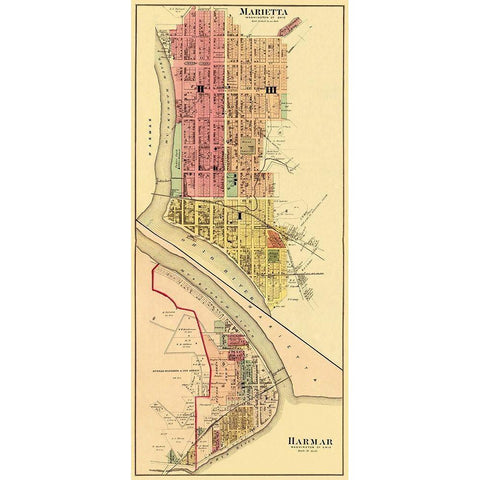 Marietta, Harmar Ohio Landowner - Hayes 1877 Gold Ornate Wood Framed Art Print with Double Matting by Hayes