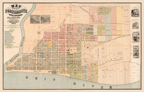 Portsmouth Ohio -Evans 1868 Black Ornate Wood Framed Art Print with Double Matting by Evans