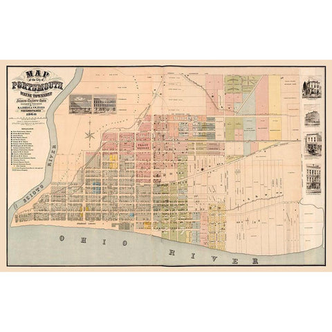 Portsmouth Ohio -Evans 1868 Gold Ornate Wood Framed Art Print with Double Matting by Evans