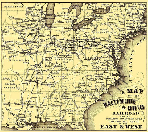 Baltimore and Ohio Railroad - Hoen 1860 Black Ornate Wood Framed Art Print with Double Matting by Hoen