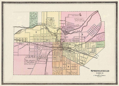 Springfield Ohio - Moler 1872 Black Ornate Wood Framed Art Print with Double Matting by Moler