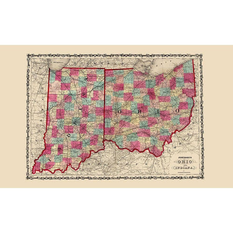 Ohio, Indiana - Johnson 1860 Gold Ornate Wood Framed Art Print with Double Matting by Johnson